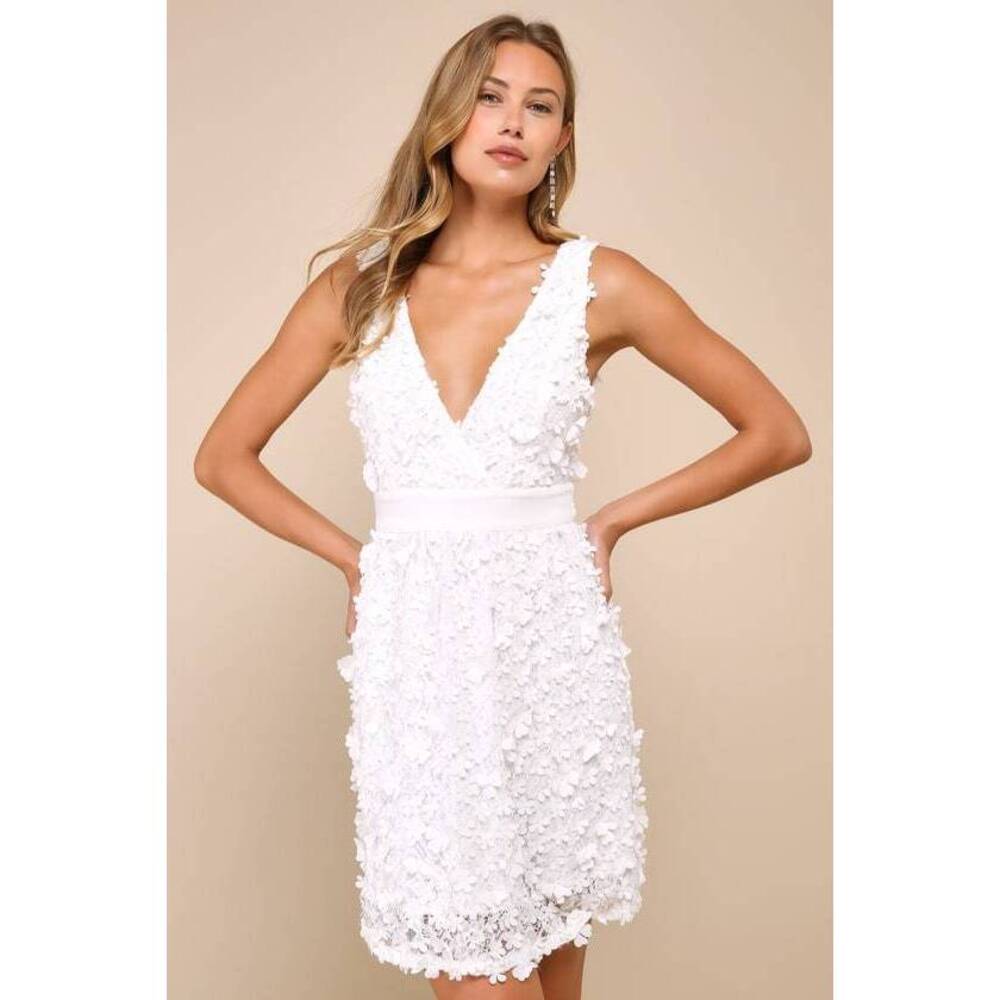 Lulus Totally Beautiful White 3d Floral Tie-strap Skater Mini Dress - Size L